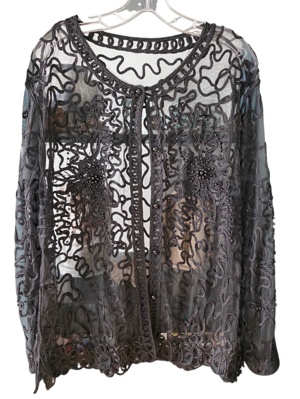 Black Beaded Lace Sheer Cardigan Size Large